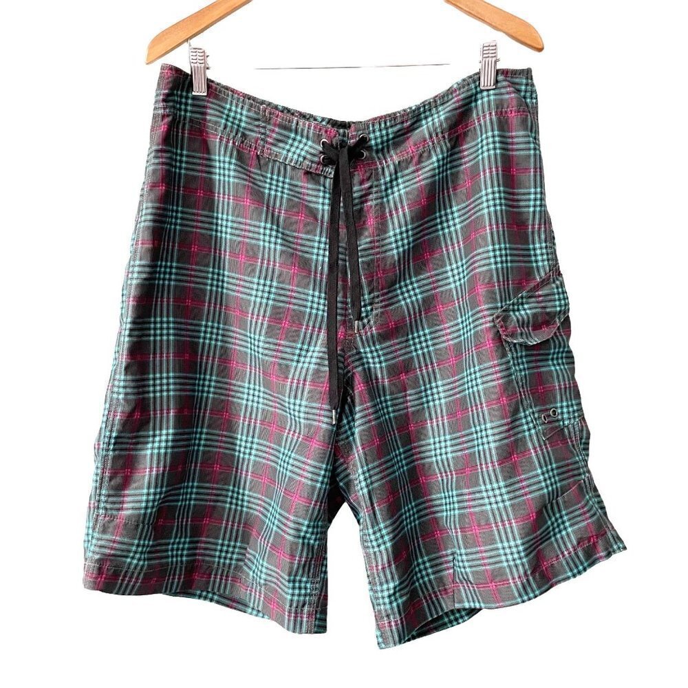 Burton Gray Plaid Board Shorts Men's Size Large Swimwear Cargo Pocket Swimming